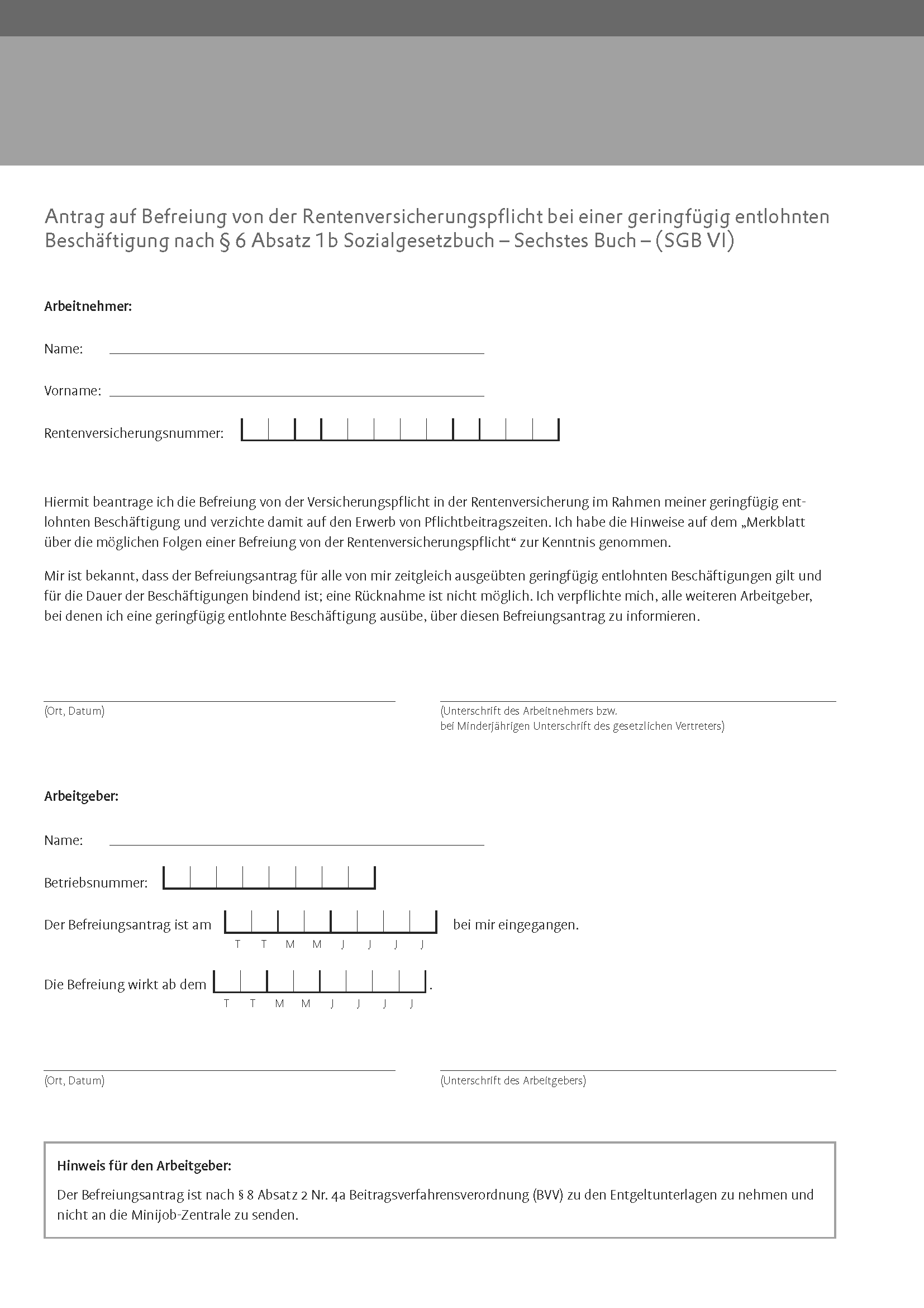 antrag auf befreiung rentenversicherung minijob