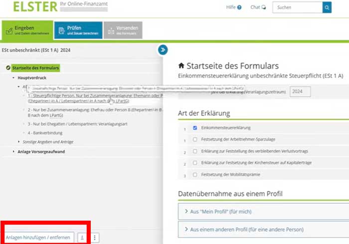 Seitenübersicht und Anlagenverwaltung steuererklarung