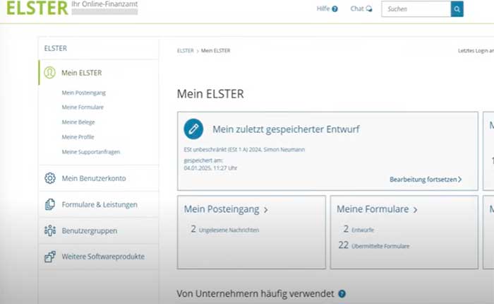 elster's Homepage für Steuererklärung